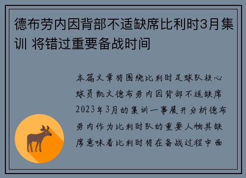 德布劳内因背部不适缺席比利时3月集训 将错过重要备战时间 德布劳内因背部不适缺席比利时3月集训 将错过重要备战时间