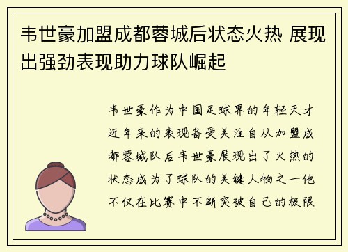 韦世豪加盟成都蓉城后状态火热 展现出强劲表现助力球队崛起